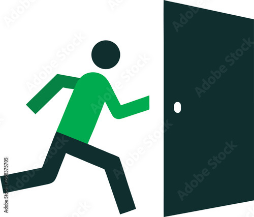 Abstract Running Figure Approaching Open Door; Green, Black, Minimalist Style; Opportunity, Progress Concept isolated on a white background