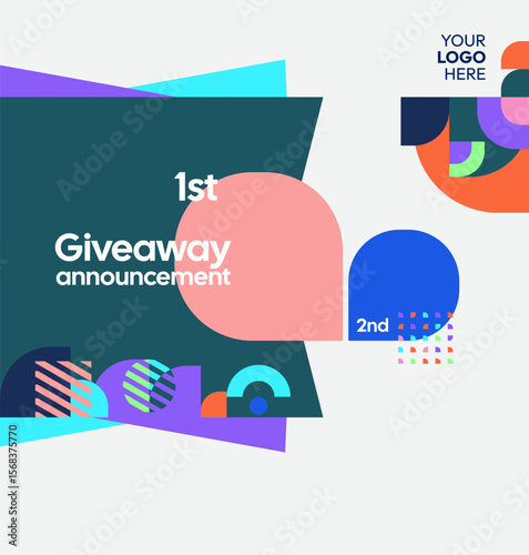 Giveaway winner announcement social media post template with colorful geometric ornaments. Perfect for business marketing. Festive giveaway background