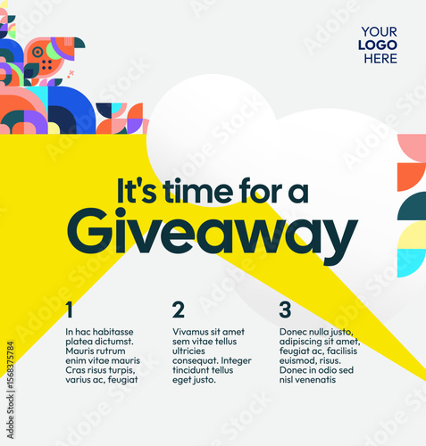 Giveaway winner announcement social media post template with colorful geometric ornaments. Perfect for business marketing. Festive giveaway background