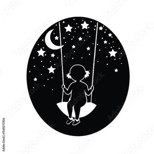 Girl on a swing with moon and stars night sky silhouette vector illustration