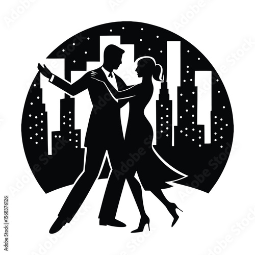 Couple dancing tango in front of city buildings silhouette vector illustration
