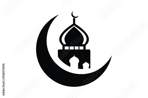 A stylized black silhouette of a mosque with a crescent moon and star symbol atop its dome representing islamic culture and faith