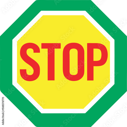 Octagonal Stop Sign: Bold Red Text on Yellow, Green Border; Warning, Caution, Safety Concept isolated on a white background