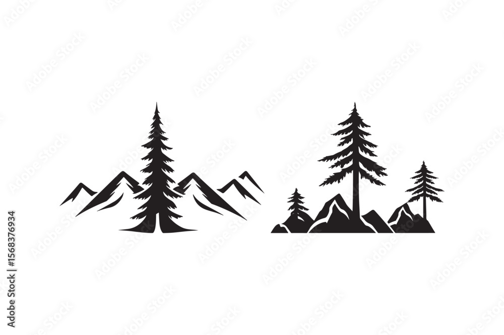 Obraz premium Stylized black silhouette of pine trees and mountains on a white background