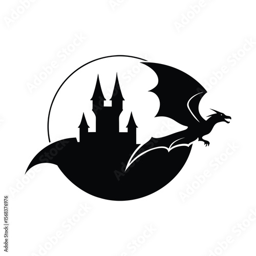 Dragon flying near a castle in silhouette vector illustration