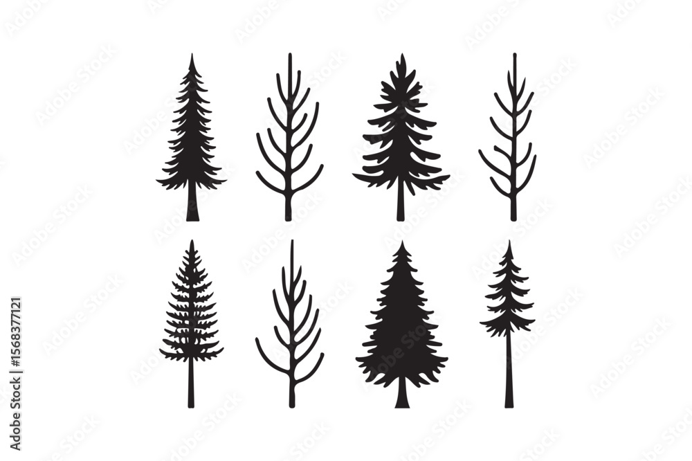 Naklejka premium Collection of stylized black silhouette pine trees and bare branches