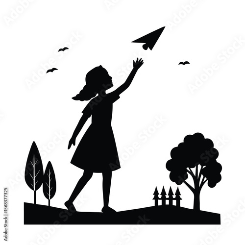 Girl launching paper airplane in nature scenery silhouette vector illustration