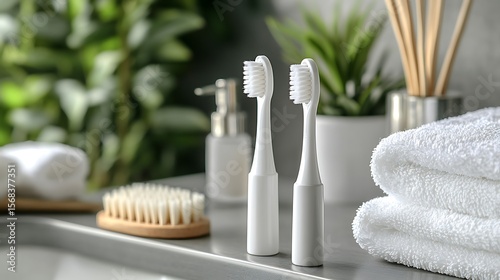 White electric toothbrushes and towels on a bathroom counter.