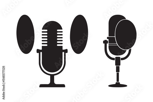 Vintage and modern microphones icon set for audio recording and broadcasting