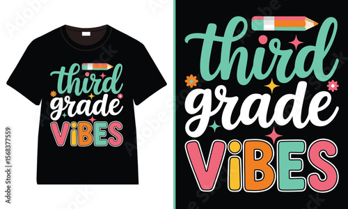 Third Grade Vibes Back to School T-Shirt Design, Back to School Cartoon Illustration – Happy Kids, Books, and School Supplies Vector