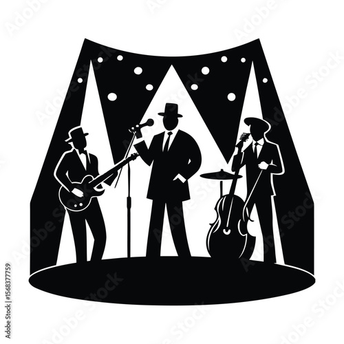 Jazz band performing on stage silhouette vector illustration