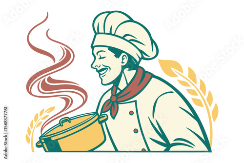 Culinary Maestro: An illustration of a cheerful chef revels in the aroma of a steaming dish, surrounded by wheat, capturing the essence of culinary art and joyful cooking.