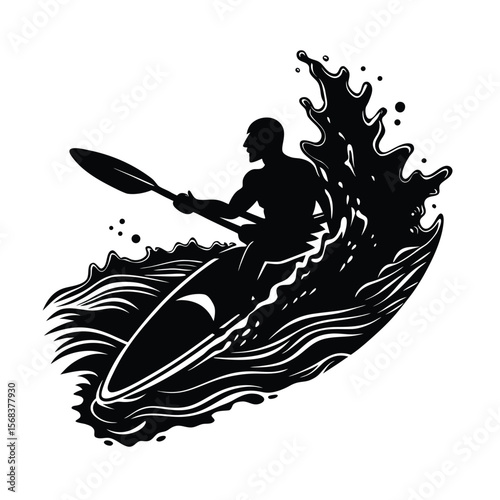 Kayaker paddling through water black and white silhouette vector illustration