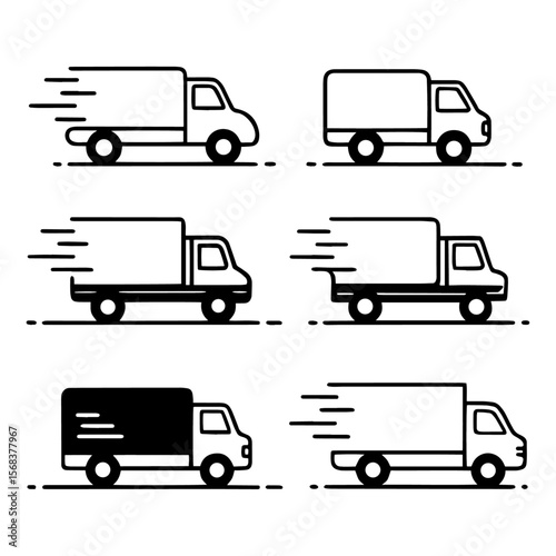 Delivery Truck Icon Set – Black and White Vector Logistics Symbols with Fast Shipping Motion Lines