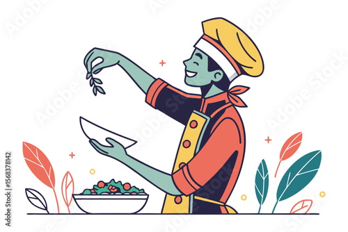 Chef's Culinary Creation: A cheerful chef, adorned in a culinary attire, delicately garnishes a fresh salad, infusing it with artistic flair and passion, symbolizing the joy of cooking.