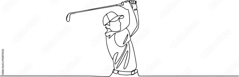Obraz premium continuous line drawing of a golfer in mid-swing with golf club raised high showing dynamic motion in black and white style