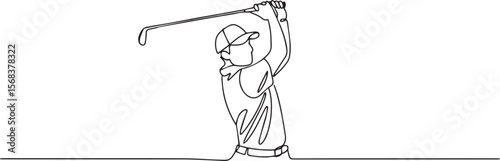  continuous line drawing of a golfer in mid-swing with golf club raised high showing dynamic motion in black and white style