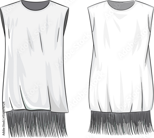 Fringe dress fashion sketch, sleeveless tunic illustration, loose fit dress vector, dropped armhole top template, minimalist dress flat, fringe hem drawing