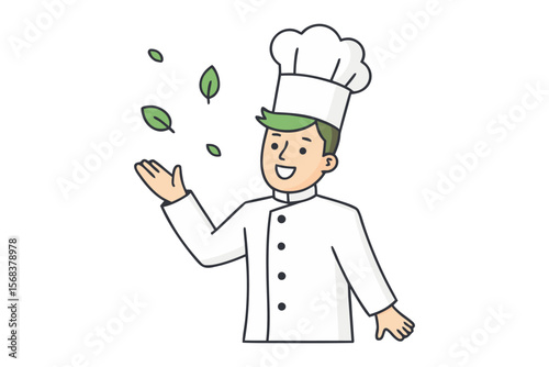 Chef's culinary grace: A chef, garbed in a pristine white uniform and chef's hat, displays culinary skill by tossing fresh herbs in the air, capturing a moment of finesse and culinary artistry.