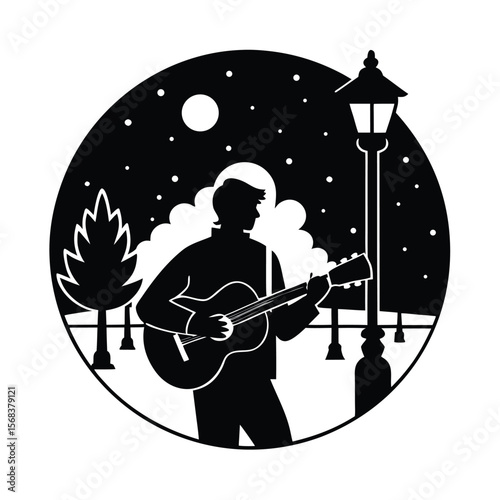 Guitarist playing in park at night silhouette vector illustration