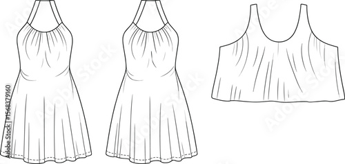 Halter dress sketch, gathered neckline design, flared dress illustration, sleeveless top flat, summer outfit drawing, fashion template, dress vector, women’s apparel