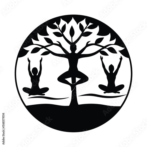 Yoga tree pose with lotus and meditation people silhouette vector illustration