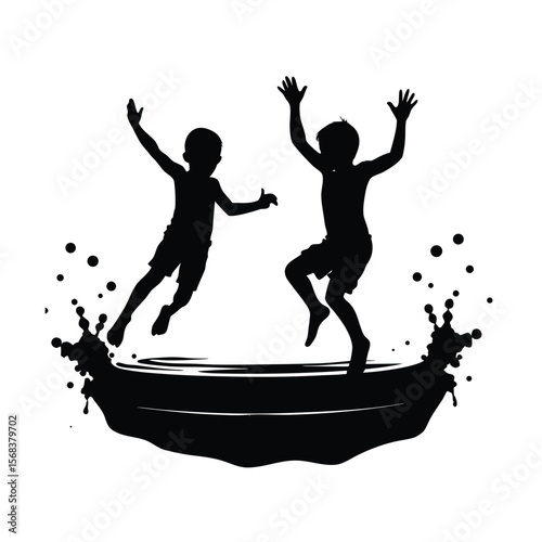 Two boys jumping into water silhouette vector illustration