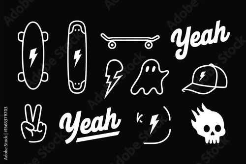 Vector illustrations of skateboard-themed line art objects, including lightning, peace hand signs, hats, shoes, skulls, helmets, and skateboards Create a title from these details.