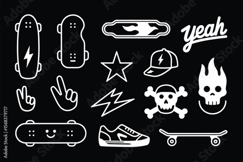 Skater Lifestyle Line Icons – Vector Set of Skateboards, Skulls, Helmets, Shoes, Hats, and Peace Gestures in Simple Line Art Style for Urban Artwork and Branding