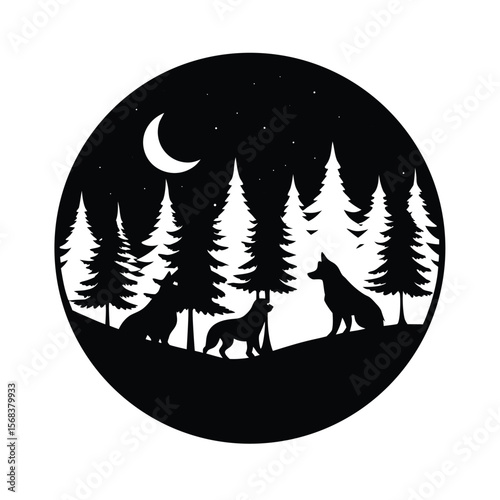 Wolves in forest at night with moon and stars silhouette vector illustration