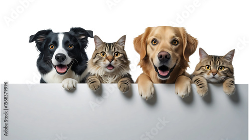 Happy border collie and golden retriever dogs with two tabby cats peeking over a white banner