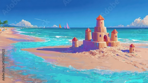 Creative sandcastles built on a sunny beach during summer vacation Generative AI