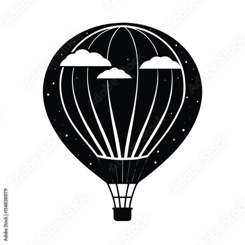 Hot air balloon with clouds and stars black silhouette vector illustration