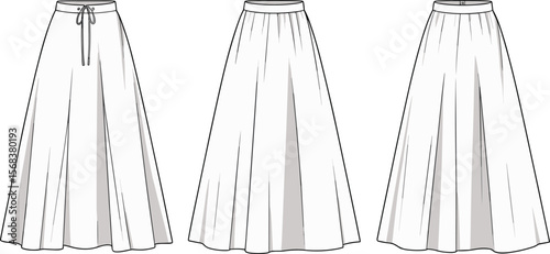 Long flowy skirts technical sketch, women’s fashion flat drawing, stylish pleated skirt design, waistband detail illustration, garment template for clothing designers and brands