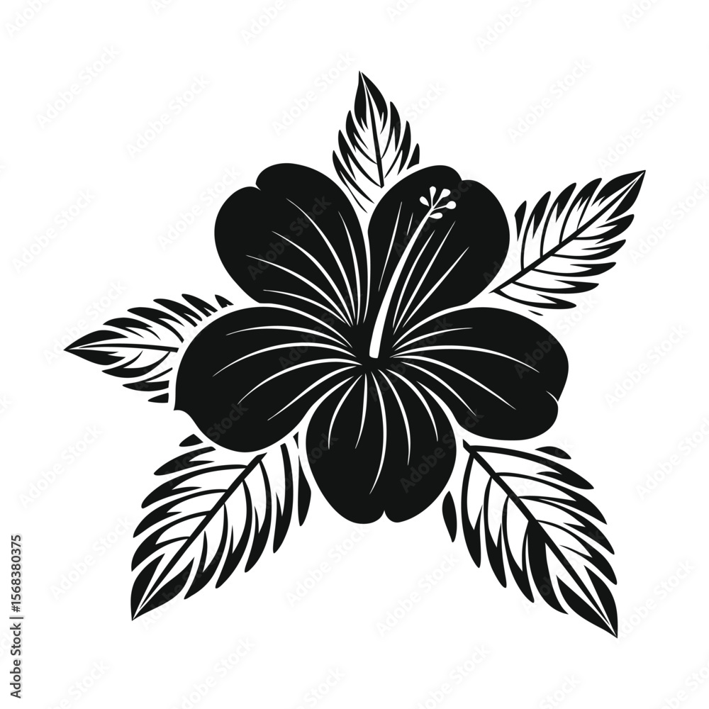 Obraz premium Hibiscus Flower Silhouette — Minimal Black Vector with Wide Petals and Tropical Leaves