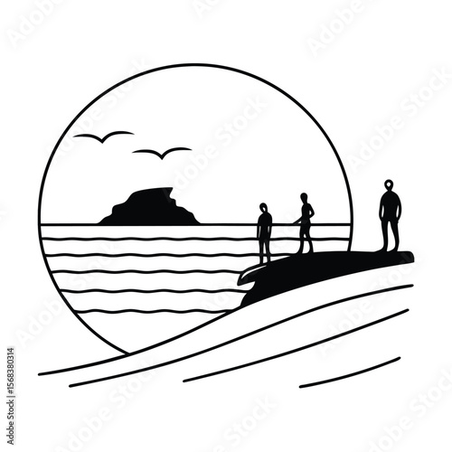 People on a cliff overlooking the sea silhouette vector illustration