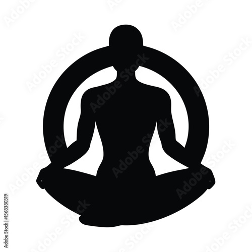 Person meditating in lotus position circle frame silhouette vector illustration