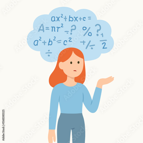 Cartoon Style Girl Confused Thinking of Math Equations and Formulas