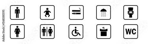 Restroom vector icon. Signage representing various facilities available in a public space, including restrooms and family-friendly options