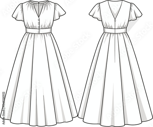 Elegant Women's V-Neck Flutter Sleeve Maxi Dress Fashion Flat Sketch Template, Versatile and Stylish Apparel Design for Digital Stoc