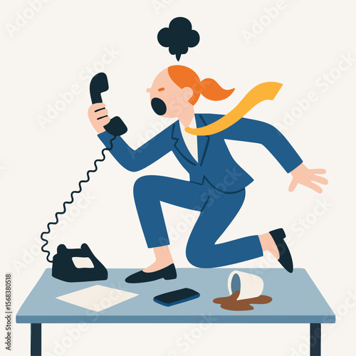 Flat Illustration Annoyed Businesswoman Shouting in Telephone Office Situation
