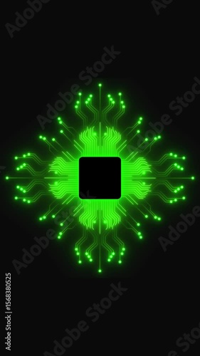 Glowing hi-tech circuit board. Artificial intelligence chip set on circuit board in futuristic concept. Electronic computer motherboard Sci-fi tech design working data of Artificial intelligence.