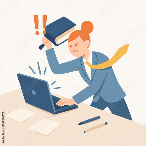 Flat Illustration Angry Businesswoman Hitting Laptop with Book at Office