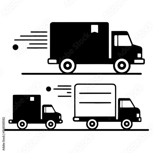 Delivery Truck Icon Set – Black and White Vector Logistics Symbols with Fast Shipping Motion Lines