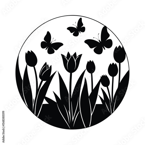 Butterflies flying over tulips garden floral design silhouette vector illustration