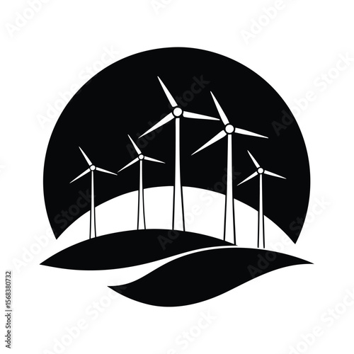 Windmills on hill with sun behind silhouette vector illustration