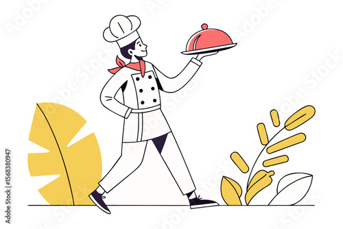 Chef Presenting Dish: A stylized illustration of a chef confidently presenting a dish under a cloche.  The design is clean and modern, featuring minimalist line art and muted color palette.