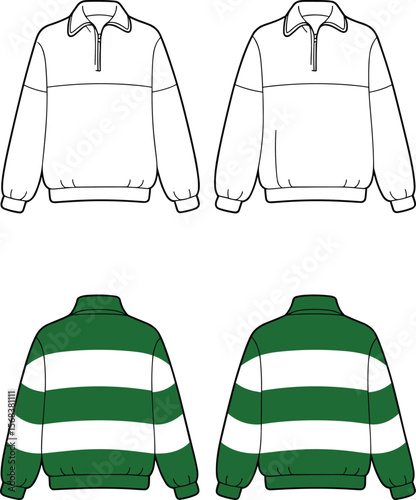 Men's pullover rugby-style sweatshirt with zip collar – front and back flat sketches featuring bold horizontal stripes, ribbed cuffs and hem CAD illustration.