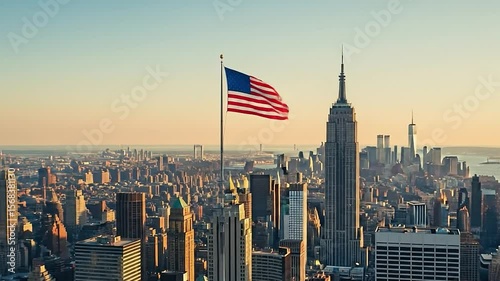 New York city skyline with USA flag, drone short of NY with american flag waving animation