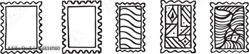 Five decorative postage stamp borders with abstract patterns frame